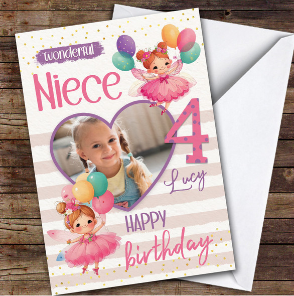 Niece 4th Fairies Fairy Balloons Heart Photo Girls Personalised Birthday Card