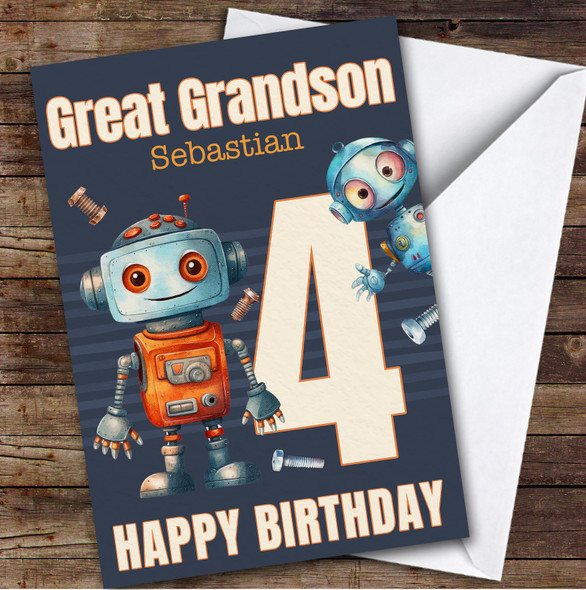 Great Grandson 4th Watercolour Robots Boys Custom Personalised Birthday Card