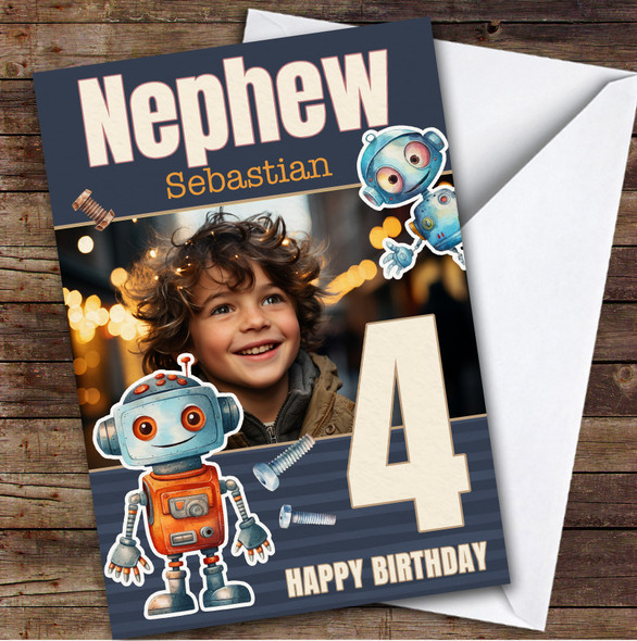 Nephew 4th Watercolour Robots Photo Boys Custom Personalised Birthday Card
