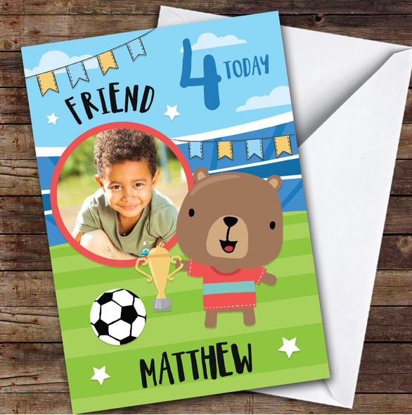 Football Bear Trophy Photo Friend 4th Custom Personalised Birthday Card