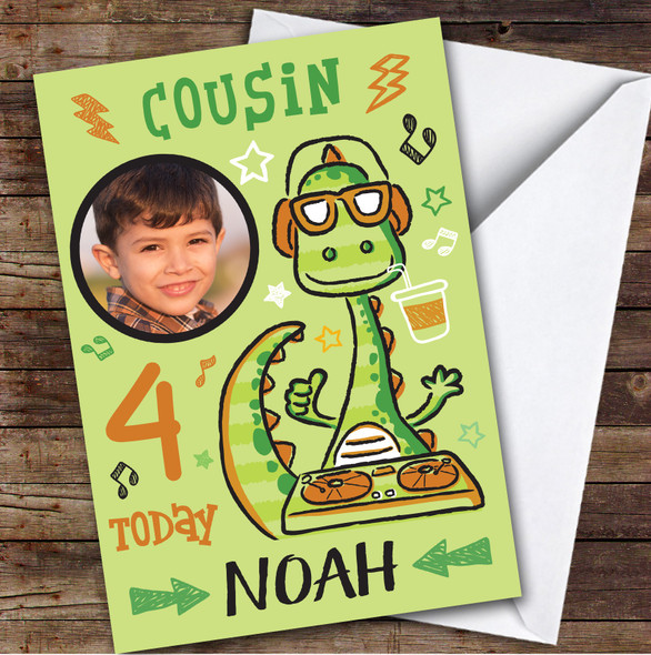 Dinosaur DJ Green Photo Cousin 4th Custom Personalised Birthday Card