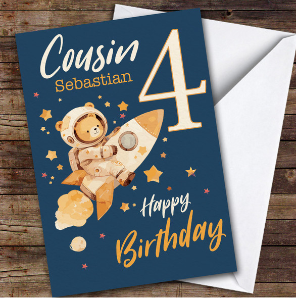 Cousin 4th Teddy Bear Astronaut Custom Personalised Birthday Card