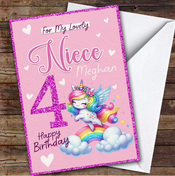 Niece 4th Rainbow Unicorn Girls Custom Personalised Birthday Card