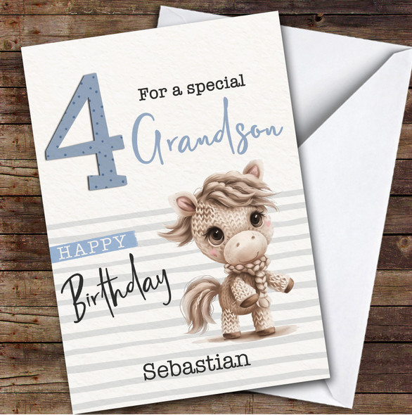 Grandson 4th Baby Horse Boys Custom Personalised Birthday Card