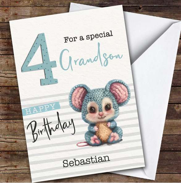 Grandson 4th Baby Mouse Boys Custom Personalised Birthday Card