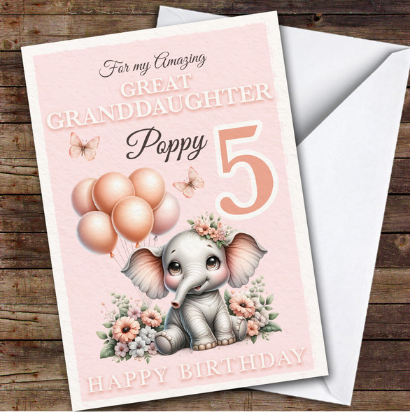 Great Granddaughter 5th Floral Baby Elephant Custom Personalised Birthday Card