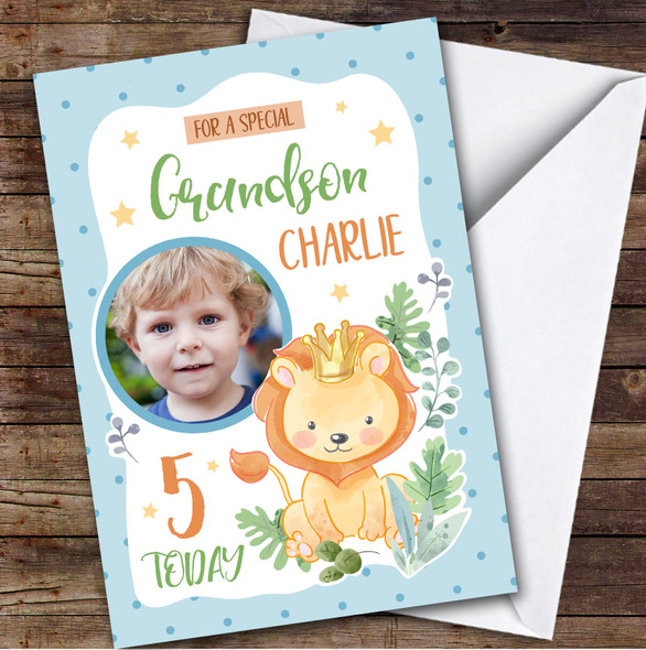 Lion Blue Photo Grandson 5th Boys Custom Personalised Birthday Card