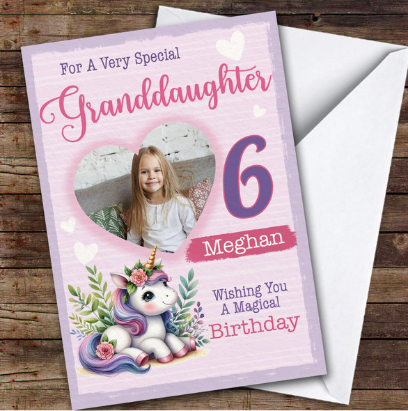 6th Granddaughter Floral Unicorn Heart Photo Custom Personalised Birthday Card