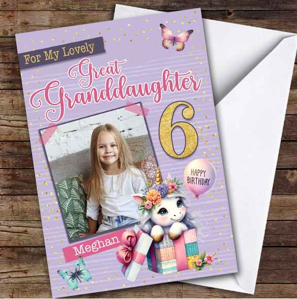 6th Great Granddaughter Purple Unicorn Photo Custom Personalised Birthday Card