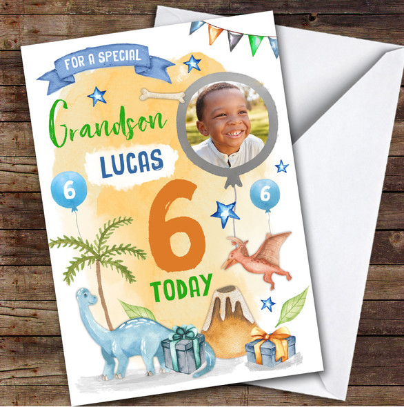 Dinosaur Gift Photo Grandson 6th Boys Custom Personalised Birthday Card