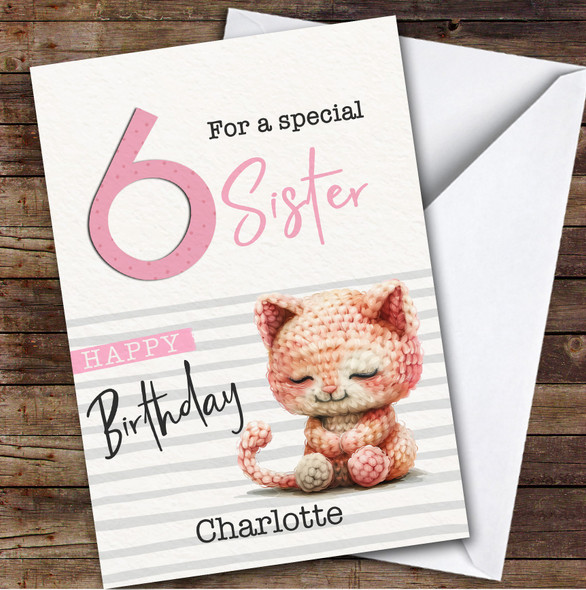 Sister 6th Baby Cat Kitten Girls Custom Personalised Birthday Card