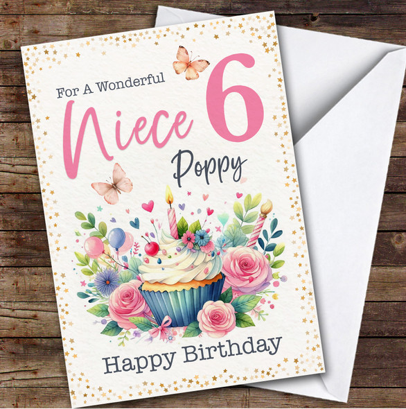 Niece 6th Floral Cupcake Girls Custom Personalised Birthday Card