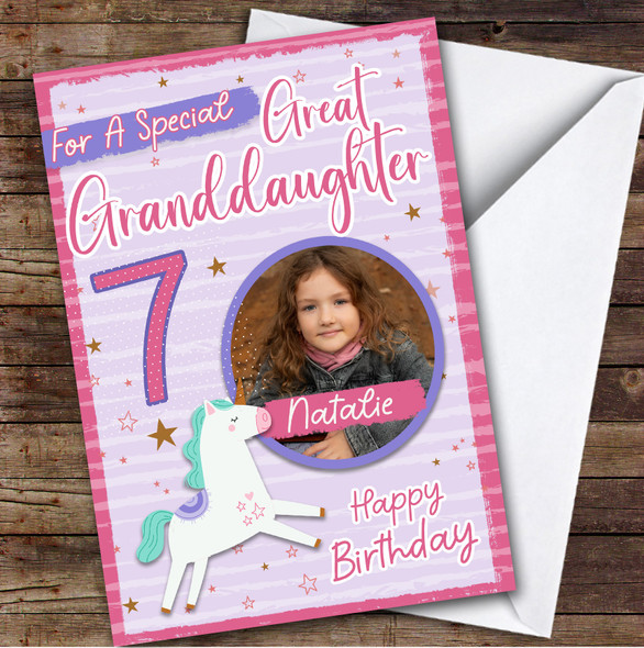 Great Granddaughter 7th Pink Unicorn Photo Custom Personalised Birthday Card