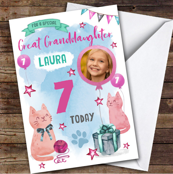 Cat Lover Kitten Photo Great Granddaughter 7th Personalised Birthday Card