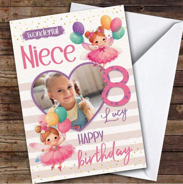 Niece 8th Fairies Fairy Balloons Heart Photo Girls Personalised Birthday Card