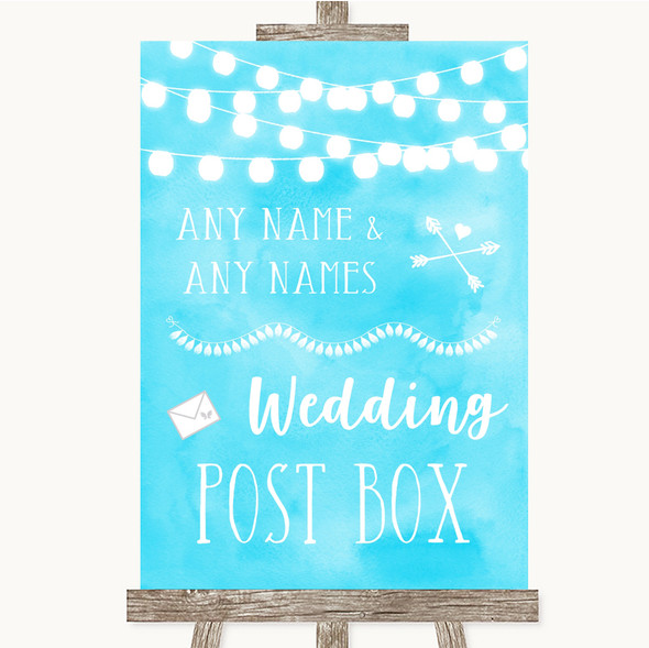 Aqua Sky Blue Watercolour Lights Card Post Box Personalised Wedding Sign