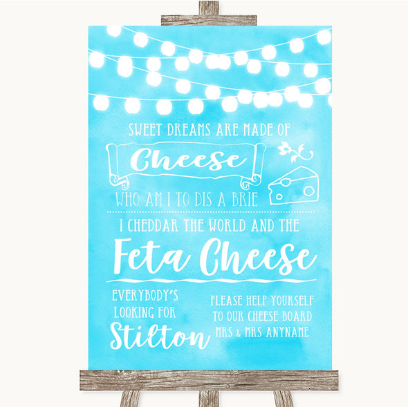 Aqua Sky Blue Watercolour Lights Cheeseboard Cheese Song Wedding Sign