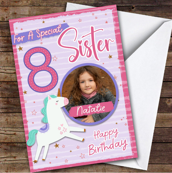 Sister 8th Pink Unicorn Photo Girls Custom Personalised Birthday Card