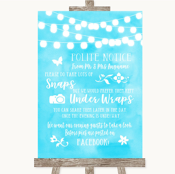 Aqua Sky Blue Watercolour Lights Don't Post Photos Facebook Wedding Sign