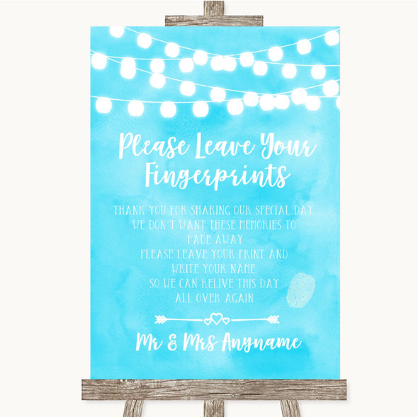 Aqua Sky Blue Watercolour Lights Fingerprint Guestbook Personalised Wedding Sign