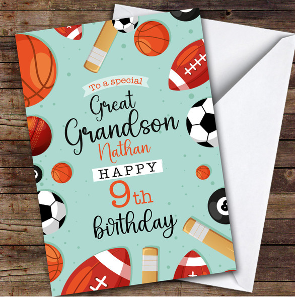 9th Great Grandson Sports Football Rugby Boys Personalised Birthday Card