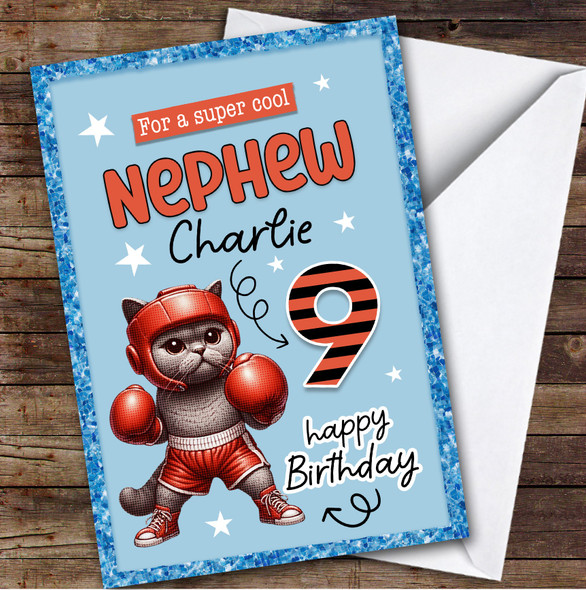 9th Nephew Blue Boxing Cat Boys Custom Personalised Birthday Card