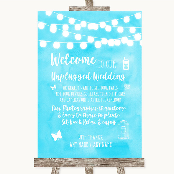 Aqua Sky Blue Watercolour Lights No Phone Camera Unplugged Wedding Sign