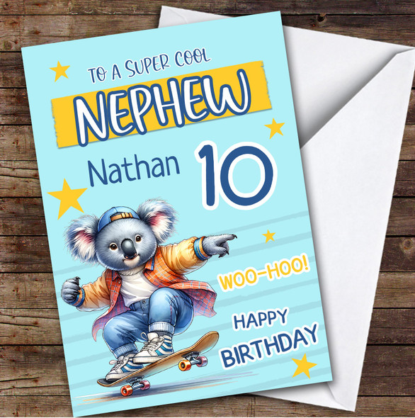 10th Nephew Skateboarding Koala Boys Custom Personalised Birthday Card