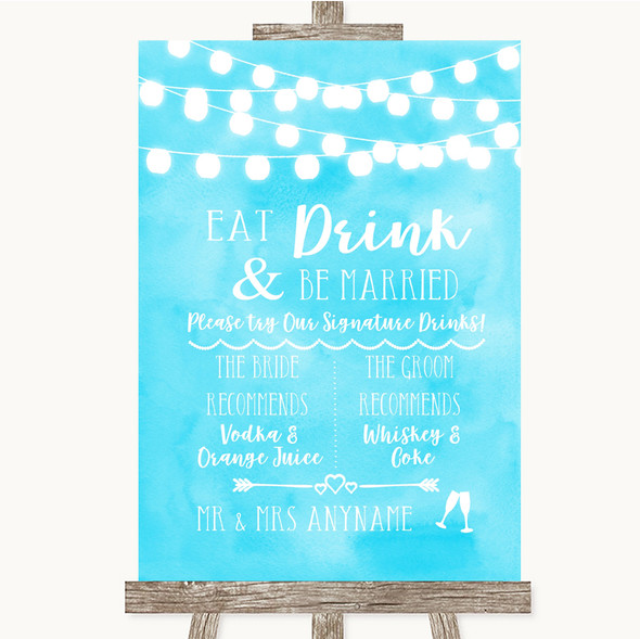 Aqua Sky Blue Watercolour Lights Signature Favourite Drinks Wedding Sign