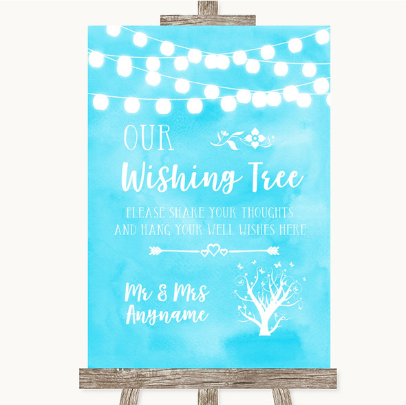 Aqua Sky Blue Watercolour Lights Wishing Tree Personalised Wedding Sign