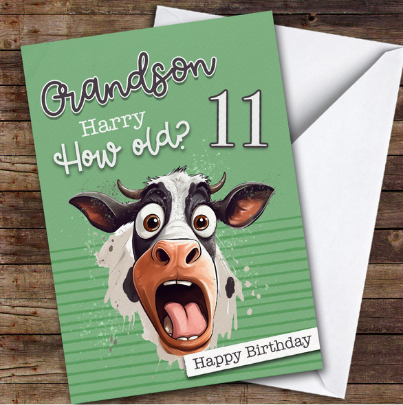 11th Grandson Green Funny Cow Boys Custom Personalised Birthday Card