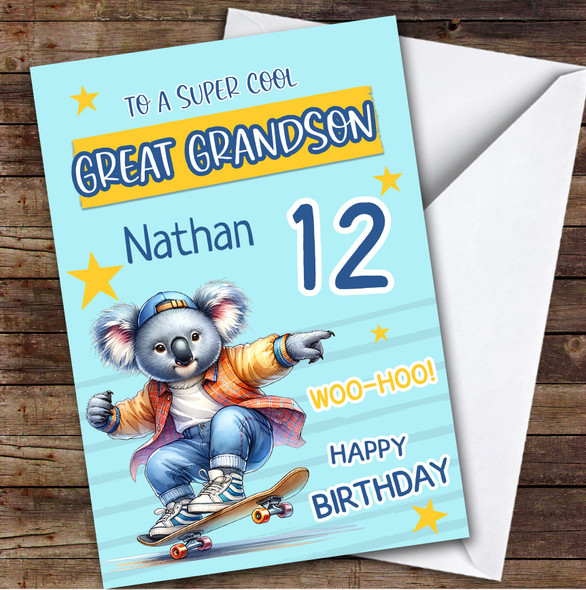 12th Great Grandson Skateboarding Koala Boys Custom Personalised Birthday Card