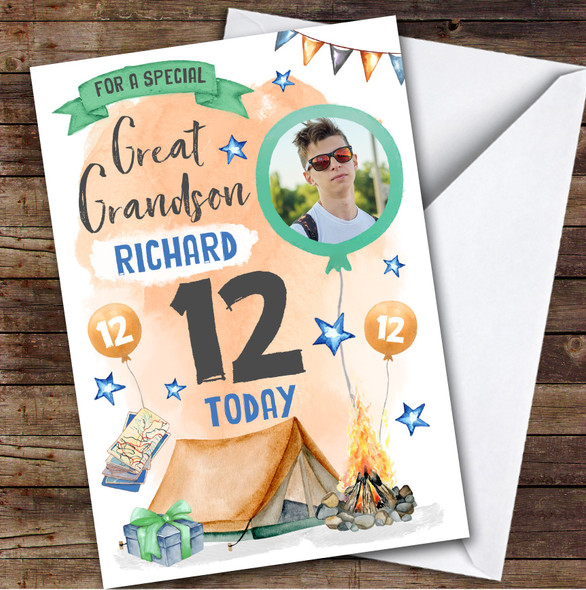 Camping Outdoors Photo Great Grandson 12th Boys Personalised Birthday Card