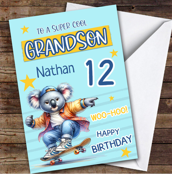 12th Grandson Skateboarding Koala Boys Custom Personalised Birthday Card