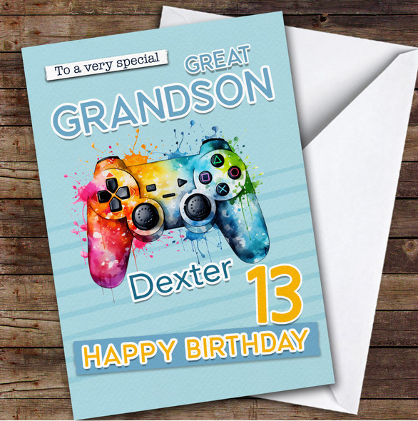 Great Grandson 13th Gamepad Splash Gamer Teenage Boys Personalised Birthday Card