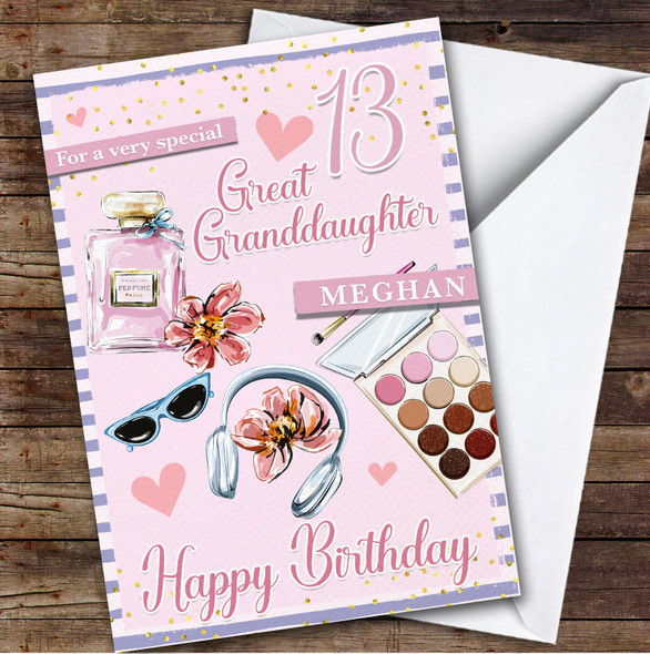 13th Great Granddaughter Pink Makeup Teenager Custom Personalised Birthday Card