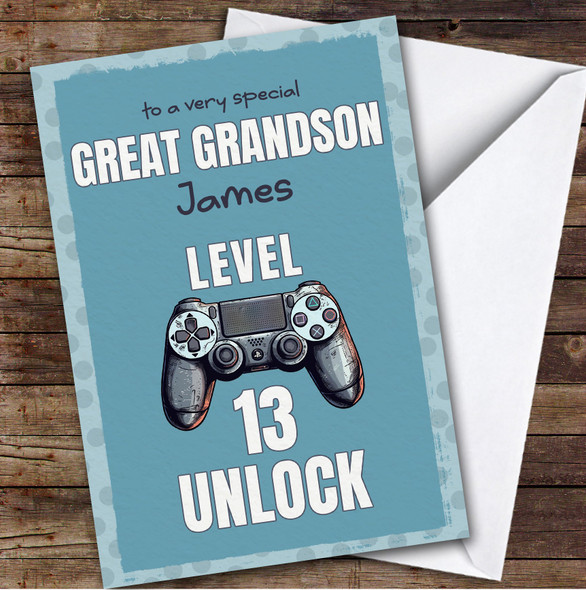 Great Grandson 13th Blue Girl Gamer Gaming Teen Boys Personalised Birthday Card