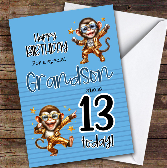 Grandson 13th Blue Dancing Monkeys Teenager Boys Personalised Birthday Card