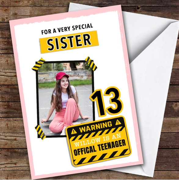 13th Sister Warning Sign Photo Teenager Custom Personalised Birthday Card