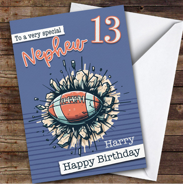 13th Nephew Rugby Ball Teenager Boys Custom Personalised Birthday Card