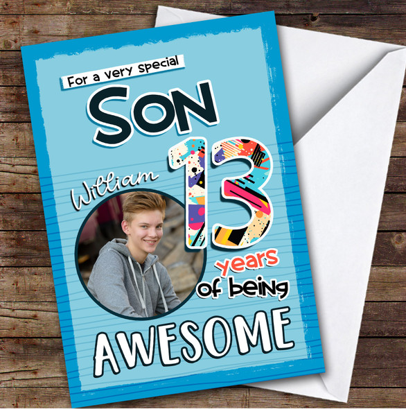 Blue Abstract 13th Son Teenager Boys Custom Personalised Birthday Card