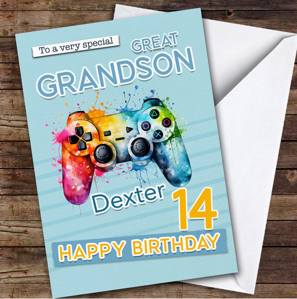 Great Grandson 14th Gamepad Splash Gamer Teenage Boys Personalised Birthday Card