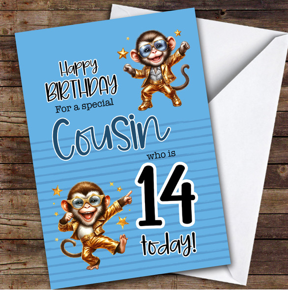 Cousin 14th Blue Dancing Monkeys Teenager Custom Personalised Birthday Card