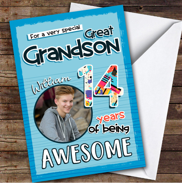 Blue Abstract 14th Great Grandson Teenager Boys Personalised Birthday Card