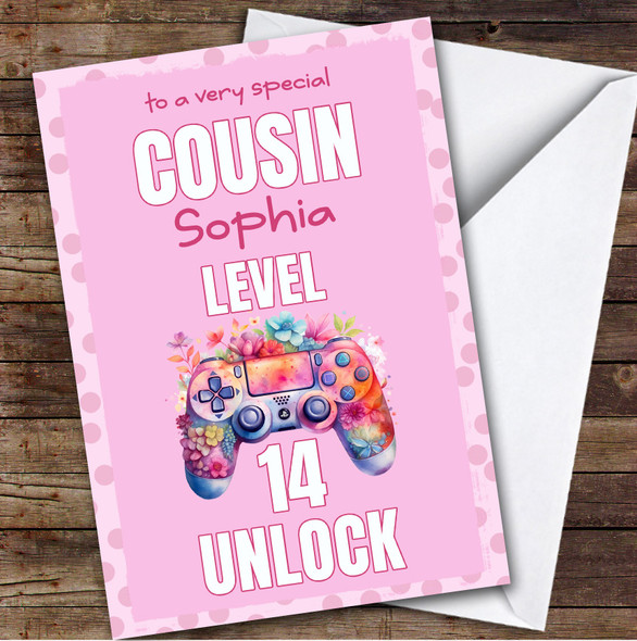 Cousin 14th Pink Girl Gamer Gaming Pad Teenager Personalised Birthday Card