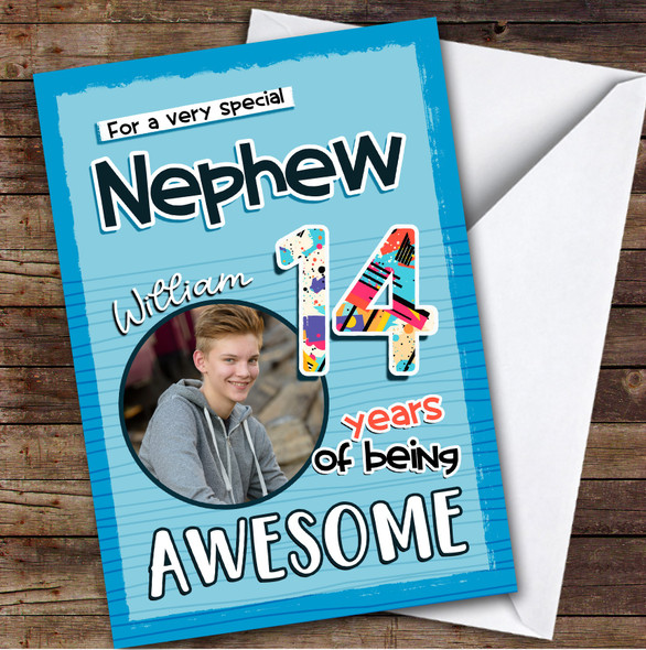 Blue Abstract 14th Nephew Teenager Boys Custom Personalised Birthday Card