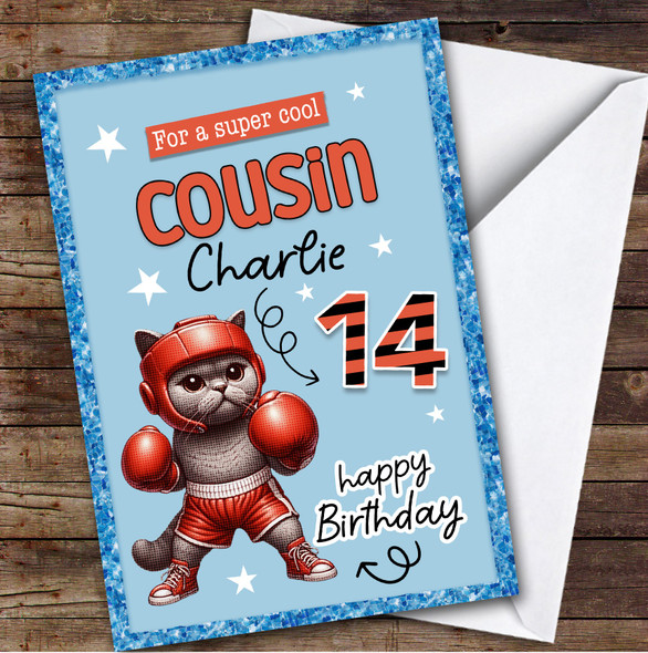 14th Cousin Blue Boxing Cat Teenager Custom Personalised Birthday Card