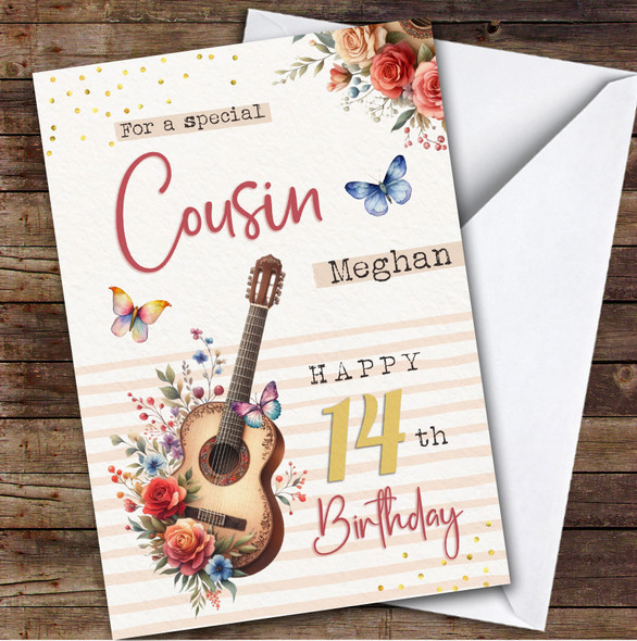 Cousin 14th Floral Guitar Teenager Custom Personalised Birthday Card