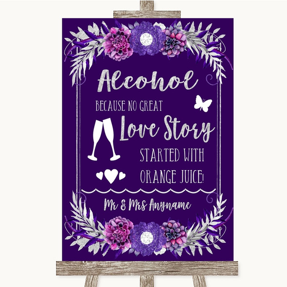 Purple & Silver Alcohol Bar Love Story Personalised Wedding Sign