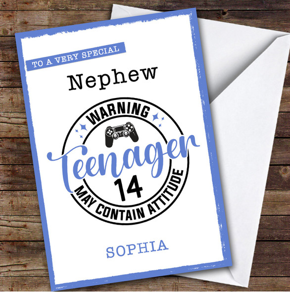 14th Nephew Blue Teenager Boys Custom Personalised Birthday Card